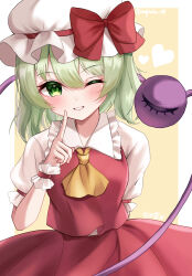 Rule 34 | 1girl, alternate costume, ascot, blush, border, bow, commentary request, cosplay, cowboy shot, flandre scarlet, flandre scarlet (cosplay), frilled shirt collar, frills, green eyes, green hair, hair between eyes, hat, hat bow, heart, highres, komeiji koishi, lips, looking at viewer, mob cap, naarsann, one eye closed, pointing, pointing up, puffy short sleeves, puffy sleeves, red bow, red ribbon, red skirt, red vest, ribbon, ribbon-trimmed headwear, ribbon-trimmed sleeves, ribbon trim, shirt, short hair, short sleeves, simple background, skirt, smile, solo, teeth, third eye, touhou, twitter username, vest, white border, white hat, white shirt, white wrist cuffs, wrist cuffs, yellow ascot, yellow background