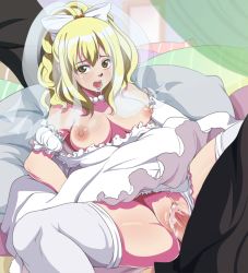 Rule 34 | 1boy, 1girl, blonde hair, blush, breasts, clothed sex, crying, cum, cum in pussy, dress, ed-jim, edjim, fairy tail, hetero, large breasts, lucy heartfilia, open mouth, saliva, sex, uncensored, underwear, white dress