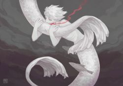 Rule 34 | 1boy, 1other, biting, biting another&#039;s tail, blood, blood in water, cannibalism, colored skin, driftwoodwolf, fish, full body, grey background, holding another&#039;s tail, looking at viewer, male focus, merman, monster boy, original, pink eyes, red eyes, short hair, signature, solo, swimming, tail, tail biting, underwater, white hair, white scales, white skin