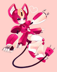 Rule 34 | amezawa koma, animal ears, cable, cable tail, cat ears, cat tail, electric plug, heart, humanoid robot, mechanical tail, medarot, no humans, non-humanoid robot, pepper cat, purple eyes, robot, simple background, solo, tail