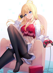 Rule 34 | 1girl, :d, animal, animal on head, armchair, bare shoulders, black pantyhose, blonde hair, blue eyes, blush, breasts, brown skirt, camisole, cat, cat on head, cellphone, chair, collarbone, commentary, controller, english commentary, fingernails, game controller, high-waist skirt, highres, holding, holding controller, holding game controller, knee up, long sleeves, medium breasts, no shoes, off-shoulder shirt, off shoulder, on head, open mouth, original, pantyhose, phone, ririko (zhuoyandesailaer), saegusa futaba, shirt, skirt, smartphone, smile, solo, talking on phone, thighband pantyhose, white shirt