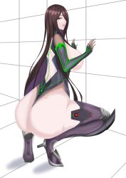 Rule 34 | 1girl, absurdres, against wall, ass, boots, breasts, brown hair, from behind, fuuma saika, highres, huge ass, huge breasts, leotard, long hair, looking at viewer, red eyes, sideboob, solo, squatting, taimanin (series), thigh boots