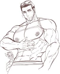 Rule 34 | !, 2boys, abs, bara, blush, chamma yohani, chris redfield, facial hair, greyscale, hand on own chest, highres, large pectorals, looking at another, male focus, monochrome, multiple boys, muscular, muscular male, navel, nipples, pectorals, piers nivans, resident evil, resident evil 6, short hair, topless male