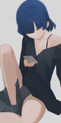 Rule 34 | 1girl, black shirt, blue hair, bocchi the rock!, cellphone, grey background, hair over one eye, highres, hiroki (yyqw7151), holding, holding phone, looking at phone, looking down, mole, mole under eye, off shoulder, phone, shirt, short hair, simple background, sitting, solo, yamada ryo, yellow eyes