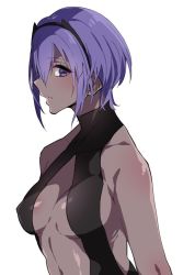 Rule 34 | 1girl, asakawa (outeq), bare shoulders, blush, breasts, center opening, collarbone, dark-skinned female, dark skin, eyebrows, fate/grand order, fate/prototype, fate/prototype: fragments of blue and silver, fate (series), hair between eyes, hairband, hassan of serenity (fate), leotard, looking at viewer, purple eyes, purple hair, short hair, sidelocks, simple background, sleeveless, solo, upper body, white background