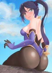 Rule 34 | 1girl, absurdres, ass, back, black hair, blush, breasts, elbow gloves, genshin impact, gloves, green eyes, highres, huge ass, leotard, long hair, looking back, medium breasts, mona (genshin impact), nsfw oa, pantyhose, sideboob, sitting, sky, smile, solo, twintails