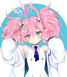 Rule 34 | 1girl, ahoge, armpits, bare shoulders, blue archive, blue eyes, hair between eyes, hair ornament, halo, highres, holding, holding own hair, horns, itaboon, jacket, looking at viewer, momoka (blue archive), necktie, off-shoulder jacket, off shoulder, pink hair, pointy ears, puffy sleeves, school uniform, simple background, sleeveless, solo, twintails