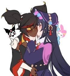 Rule 34 | 2girls, black nails, blush, bonnet, capelet, cathpalugs, closed eyes, commentary, dark-skinned female, dark skin, facing another, genshin impact, hairband, hand on another&#039;s chin, hand on another&#039;s face, hand on another&#039;s hip, highres, kiss, kissing cheek, kuromi, long hair, long sleeves, multicolored clothes, multicolored headwear, multiple girls, my melody, nail polish, one eye closed, onegai my melody, pink capelet, sanrio, spiked hairband, spikes, symbol-only commentary, two side up, upper body, white background, wide sleeves, xinyan (genshin impact), yellow eyes, yun jin (genshin impact), yuri