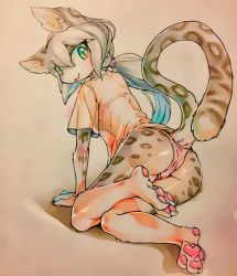Rule 34 | 1girl, :p, animal ears, animal hands, ass, body fur, cat ears, cat tail, female focus, from behind, furry, furry female, green eyes, grey hair, looking back, original, panties, ponytail, smile, solo, tail, tamanosuke, tongue, tongue out, traditional media, underwear