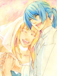 Rule 34 | 1boy, 1girl, :d, blonde hair, blue hair, bridal veil, couple, closed eyes, holding hands, happy, head on another&#039;s shoulder, hetero, jewelry, kzk, long hair, macross, macross frontier, necktie, open mouth, painting (medium), ponytail, ring, saotome alto, sheryl nome, smile, traditional media, tuxedo, veil, watercolor (medium)