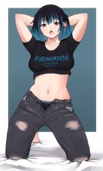 Rule 34 | 1girl, :o, arms behind head, artist name, barefoot, black hair, blue background, blue eyes, blue hair, border, breasts, chestnut mouth, denim, dot nose, earrings, female focus, full body, gradient background, highres, jeans, jewelry, kneeling, kuronami616, large breasts, lingerie, looking at viewer, midriff, mole, mole under eye, mole under mouth, multicolored hair, navel, navel piercing, on bed, original, outside border, pants, piercing, polka dot, polka dot background, self-upload, short twintails, simple background, solo, thick thighs, thighs, torn clothes, torn jeans, torn pants, twintails, two-tone hair, underwear, unzipped, white border