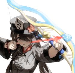 Rule 34 | 1girl, absurdres, aiming, bead bracelet, beads, black nails, bow (weapon), bracelet, brown hair, crossbow, egk513, genshin impact, hat, highres, holding, holding weapon, hu tao (genshin impact), jewelry, long hair, long sleeves, nail polish, one eye closed, red eyes, simple background, solo, star-shaped pupils, star (symbol), symbol-shaped pupils, top hat, upper body, weapon, white background, wide sleeves