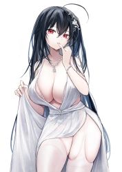 Rule 34 | 1girl, absurdres, ahoge, azur lane, bare shoulders, black hair, breasts, cleavage, cowboy shot, dress, earrings, finger to mouth, garter straps, hair between eyes, highres, jewelry, large breasts, long hair, looking at viewer, necklace, official alternate costume, parted lips, peneko, simple background, solo, taihou (azur lane), taihou (temptation on the sea breeze) (azur lane), thighhighs, very long hair, white background, white thighhighs
