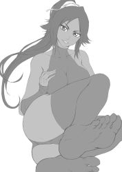 Rule 34 | 1girl, aboleuk, ass, bare shoulders, bleach, breasts, cleavage, hand on breast, hand on chest, hand on own breast, hand on own chest, highres, large breasts, legs, long hair, looking at viewer, ponytail, shihouin yoruichi, sitting, thighhighs, thighs