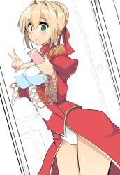 Rule 34 | 10s, 1girl, blonde hair, blush, braid, breasts, cellphone, cleavage, contrapposto, dutch angle, epaulettes, fate/extra, fate/grand order, fate (series), green eyes, hair intakes, holding, holding phone, momio, nero claudius (fate), nero claudius (fate) (all), nero claudius (fate/extra), panties, phone, puffy sleeves, selfie, shiny skin, smartphone, solo, standing, underwear, v, wide sleeves