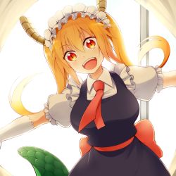 Rule 34 | 10s, 1girl, bad id, bad pixiv id, blonde hair, breasts, dragon girl, dragon horns, dragon tail, dress, gloves, horns, indoors, kobayashi-san chi no maidragon, large breasts, large tail, long hair, looking at viewer, maid, maid headdress, necktie, open mouth, outstretched arms, red eyes, red necktie, sash, short sleeves, slit pupils, solo, spread arms, suyamunya, tail, tohru (maidragon), twintails, white gloves, window