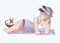Rule 34 | 1girl, arknights, bare arms, bare legs, bra strap, breasts, cleavage, cropped legs, dragon horns, dragon tail, feet out of frame, highres, horns, llmia4, long hair, looking at viewer, lying, nail polish, on side, orange eyes, orange nails, saria (arknights), shadow, shirt, shorts, simple background, solo, tail, white background, white hair, white shirt