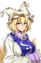 Rule 34 | 1girl, absurdres, animal hat, arms under breasts, blonde hair, blush, breast hold, breasts, closed mouth, commentary request, fox tail, frills, from side, hair between eyes, hands in opposite sleeves, hat, highres, large breasts, long sleeves, looking at viewer, looking to the side, mob cap, multiple tails, poshi (ginmokusei), short hair, smile, solo, tabard, tail, tassel, touhou, wide sleeves, yakumo ran, yellow eyes