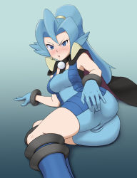 Rule 34 | 1girl, absurdres, arm support, ass, black cape, blue bodysuit, blue eyes, blue footwear, blue hair, blush, bodysuit, boots, breasts, cameltoe, cape, clair (pokemon), cleft of venus, commentary request, creatures (company), earrings, eyelashes, game freak, gloves, gym leader, hair tie, high ponytail, highres, jewelry, legs, light blue hair, long hair, looking at viewer, lying, miraa (chikurin), nintendo, on side, parted lips, pokemon, pokemon hgss, ponytail, solo, thighs, v-shaped eyebrows