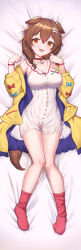 Rule 34 | 1girl, :3, :d, animal ears, bed sheet, blue bow, bone hair ornament, bow, braid, breasts, brown eyes, brown hair, cartoon bone, cleavage, collar, collarbone, commentary, dakimakura (medium), dog ears, dog girl, dog tail, dress, groin, hair ornament, highres, hololive, impossible clothes, impossible dress, inugami korone, inugami korone (1st costume), jacket, long hair, long sleeves, looking at viewer, lying, medium breasts, navel, no shoes, off shoulder, on back, open clothes, open jacket, open mouth, puffy long sleeves, puffy sleeves, red bow, red collar, red socks, sleeveless, sleeveless dress, smile, socks, solo, symbol-only commentary, tail, uneg, virtual youtuber, white dress, yellow jacket