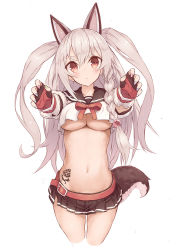 Rule 34 | 1girl, animal ears, azur lane, belt, blouse, bow, bowtie, braid, breasts, claw pose, cleavage, cowboy shot, crop top, fake animal ears, fingerless gloves, gloves, goekawa, hair between eyes, head tilt, large breasts, long hair, looking at viewer, microskirt, midriff, miniskirt, multicolored nails, nail polish, navel, no bra, parted bangs, pleated skirt, red bow, red bowtie, sailor collar, sailor shirt, school uniform, serafuku, shirt, side braid, silver hair, simple background, skirt, solo, standing, stomach tattoo, tail, tattoo, thick eyebrows, two side up, underboob, very long hair, white background, white shirt, yuudachi (azur lane)