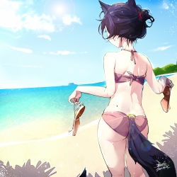 Rule 34 | 1girl, animal ears, ass, bare arms, bare shoulders, beach, bikini, black hair, commentary request, dated, day, ejami, ekko (ejami), fox ears, fox girl, fox tail, from behind, holding, holding shoes, long hair, ocean, original, outdoors, pink bikini, shoes, signature, solo, swimsuit, tail