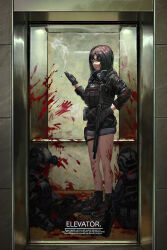 Rule 34 | 1girl, 2others, absurdres, ammunition pouch, assault rifle, black footwear, black gloves, black hair, black headwear, black jacket, black mask, black pants, black shirt, blood, blood on clothes, blood on ground, blood on leg, blood on shoes, body armor, boots, brown eyes, bulletproof vest, cigarette, combat boots, combat helmet, corpse, death, elevator, english text, gloves, gun, headphones, headphones around neck, helmet, highres, holding, holding cigarette, holding gun, holding weapon, holster, indoors, jacket, load bearing vest, long sleeves, looking to the side, mask, medium hair, combat helmet, military operator, mouth mask, multiple others, night vision device, optical sight, original, pants, parted lips, bulletproof vest, pocket, pouch, rifle, shirt, short shorts, shorts, sleeves past wrists, sleeves rolled up, smoking, somnuss, tactical clothes, thigh strap, uniform, weapon