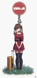 Rule 34 | 1girl, black eyes, black thighhighs, blue flower, blush, breasts, brown hair, closed mouth, commentary, dress, eyebrows hidden by hair, flower, full body, grass, grey background, hair between eyes, head tilt, highres, interlocked fingers, long hair, looking at viewer, md5 mismatch, no entry sign, original, own hands together, pleated dress, red dress, resolution mismatch, road sign, rolling suitcase, rust, short dress, short sleeves, sign, signature, simple background, small breasts, smile, solo, source larger, standing, suitcase, symbol-only commentary, thighhighs, twintails, white background, wozora, zettai ryouiki