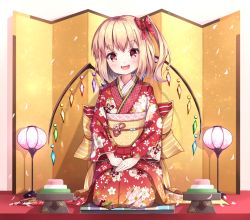 Rule 34 | 1girl, alternate costume, blonde hair, cherry blossoms, fangs, flandre scarlet, floral print, full body, hair ribbon, head tilt, hinamatsuri, hishimochi, indoors, japanese clothes, kimono, long sleeves, looking at viewer, obi, open mouth, red eyes, red ribbon, ribbon, sash, seiza, shiero., side ponytail, sitting, smile, solo, teeth, touhou, wide sleeves, wings