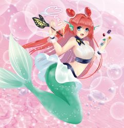 Rule 34 | 1girl, :d, bare shoulders, bishie sparkle, black neckwear, blue eyes, choker, covered navel, fins, hair intakes, head fins, holding, long hair, looking at viewer, mer, mermaid, midriff, monster girl, open mouth, pink background, red hair, see-through, skirt, sleeveless, smile, solo, sparkle, stomach, sweater vest, very long hair, wand, wrist cuffs