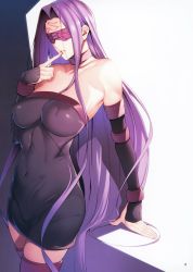 Rule 34 | 1girl, absurdres, bare shoulders, black dress, blindfold, boots, breasts, collar, collarbone, covered erect nipples, covered navel, detached collar, detached sleeves, dress, facial mark, fate/stay night, fate (series), finger to mouth, forehead, forehead mark, hair intakes, highres, index finger raised, large breasts, lips, long hair, medusa (fate), medusa (rider) (fate), nanao (mahaya), page number, parted bangs, parted lips, purple hair, purple thighhighs, scan, short dress, simple background, skin tight, sleeveless, solo, strapless, strapless dress, teeth, thigh boots, thighhighs, thighs, very long hair, white background