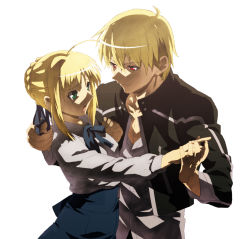 Rule 34 | 1boy, 1girl, ahoge, artoria pendragon (all), artoria pendragon (fate), blonde hair, casual, couple, doraiga-rei, fate/stay night, fate (series), gilgamesh (fate), green eyes, hair ribbon, hetero, official alternate costume, open mouth, red eyes, ribbon, saber (fate), short hair, simple background, smile, white background