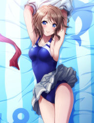 Rule 34 | 10s, 1girl, armpits, arms up, blue eyes, blue one-piece swimsuit, blush, breasts, brown hair, unworn clothes, competition swimsuit, hair ornament, head tilt, highres, large breasts, lips, looking at viewer, love live!, love live! sunshine!!, lying, messy hair, miniskirt, on back, one-piece swimsuit, parted bangs, pleated skirt, school uniform, serafuku, shian (my lonly life.), short hair, sideboob, skirt, smile, solo, swept bangs, swimsuit, swimsuit under clothes, thighs, watanabe you