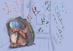 Rule 34 | 1girl, abalone, bad id, bad pixiv id, blue hair, blush, breasts, crying, door, full body, hiding, indoors, legs together, monster girl, nucomas, o o, on floor, original, scared, shell, short hair, sideboob, solo, tears, translation request, wavy mouth
