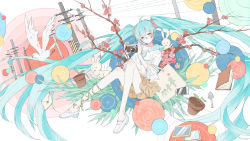 Rule 34 | 1girl, absurdres, ahoge, aqua eyes, aqua hair, bad id, bad pixiv id, bag, bird, bloomers, blue sailor collar, book, branch, brown bloomers, brown skirt, camera, castanet (ranhoujun), cellphone, cherry blossoms, chromatic aberration, commentary, dove, film grain, floating, floating object, flower pot, hair ornament, hair scrunchie, hatsune miku, highres, holding, holding camera, leaf, leg vines, letter, long hair, looking at viewer, mirror, phone, picture frame, pink scrunchie, plant, power lines, rabbit, sailor collar, sayonara kaerimichi (vocaloid), scrunchie, shirt, shoes, short sleeves, shovel, skirt, smartphone, solo, tote bag, twintails, underwear, very long hair, vines, vocaloid, white footwear, white shirt, yukine (vocaloid)