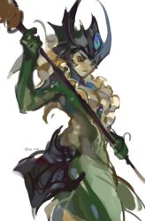 Rule 34 | 1girl, absurdres, arvve, blonde hair, breasts, cleavage, closed mouth, colored sclera, colored skin, cowboy shot, gem, green sclera, green skin, highres, holding, holding weapon, league of legends, long hair, medium breasts, mermaid, monster girl, nami (league of legends), simple background, solo, staff, weapon, white background