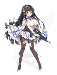 Rule 34 | 1girl, ankle ribbon, assault rifle, between breasts, black hair, black pantyhose, blush, breasts, bullpup, cleavage, closed mouth, full body, girls&#039; frontline, gloves, gun, hair ornament, hairband, highres, holding, holding gun, holding weapon, jacket, jacket on shoulders, large breasts, leg ribbon, long hair, looking at viewer, pantyhose, pingo, pleated skirt, qbz-95, ribbon, rifle, shadow, simple background, skirt, smile, solo, sparkle, standing, torn clothes, torn pantyhose, twitter username, type 95 (girls&#039; frontline), weapon, white background, white gloves, white ribbon, white skirt, yellow eyes