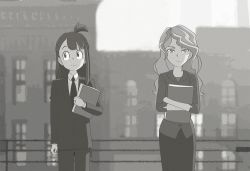 Rule 34 | 2girls, alternate costume, artist request, blurry, business suit, depth of field, diana cavendish, file, formal, greyscale, kagari atsuko, little witch academia, monochrome, multiple girls, office lady, paperman (disney), suit