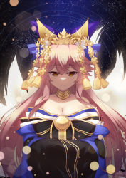 Rule 34 | 10s, 1girl, animal ears, bell, breasts, cleavage, detached sleeves, expressionless, fate/extra, fate/grand order, fate (series), fox ears, fox tail, hair ribbon, highres, japanese clothes, large breasts, looking at viewer, multiple girls, official alternate costume, pink hair, ribbon, sky, solo, star (sky), star (symbol), starry sky, subaru (794829485), tail, tamamo (fate), tamamo no mae (fate/extra), tamamo no mae (third ascension) (fate), yellow eyes