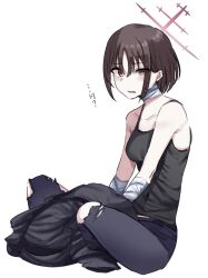 Rule 34 | 1girl, absurdres, bandaged neck, bandages, black camisole, black hair, blue archive, camisole, halo, highres, indian style, jacket, kudo udon, looking at viewer, misaki (blue archive), pants, purple eyes, purple halo, simple background, sitting, solo, torn clothes, torn pants, uneven eyes, unworn jacket, white background, wrist wrap