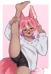 Rule 34 | 1girl, animal ear fluff, animal ears, barefoot, bike shorts, blush, borrowed character, cameltoe, cleft of venus, female focus, glasses, leg up, looking at viewer, open mouth, pink background, pink hair, red eyes, solo, standing, standing on one leg, sweater, tail, v, yotubeya