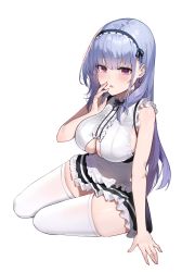 Rule 34 | 1girl, absurdres, azur lane, breasts, dido (azur lane), headband, highres, large breasts, looking at viewer, maanu, maid, open mouth, purple eyes, simple background, sitting, sleeveless, thighhighs, thighs, white background, white thighhighs