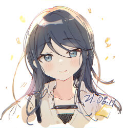 Rule 34 | 1girl, black hair, blue eyes, blush, closed mouth, collared shirt, commentary request, confetti, dated, hoshino ichika (project sekai), long hair, looking at viewer, pjmiyo, project sekai, shirt, smile, solo, white shirt