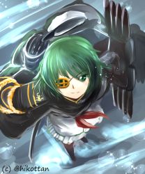 Rule 34 | 10s, 1girl, cape, eyepatch, flat cap, green eyes, green hair, hat, kantai collection, kiso (kancolle), looking at viewer, looking up, machinery, matching hair/eyes, neckerchief, ocean, short hair, skirt, smile, solo, standing, standing on liquid, sword, twitter username, weapon, yoshizawa hikoto