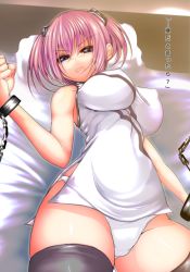 Rule 34 | 1girl, azuma (farusiong), bdsm, bed sheet, black thighhighs, blue eyes, blush, breasts, chain, china dress, chinese clothes, clenched hand, cuffs, dress, fang, hair ornament, large breasts, looking at viewer, lying, on back, open mouth, original, panties, pillow, pink hair, short hair, short twintails, solo, thighhighs, twintails, underwear, white panties, wide hips