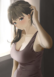 1girl absurdres arm_up armpits black_hair black_tank_top blush breasts cleavage collarbone commission hair_over_shoulder highres indoors large_breasts light_smile looking_at_viewer original skeb_commission solo tama_(tamago) tank_top tucking_hair upper_body