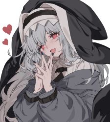 Rule 34 | 1girl, :d, aogisa, arknights, black capelet, black coat, black dress, black headwear, black nails, blush, capelet, coat, dress, fingers together, habit, hair between eyes, heart, heart-shaped pupils, highres, jewelry, long hair, looking at viewer, nail polish, nun, open mouth, red eyes, silver hair, simple background, smile, solo, specter (arknights), symbol-shaped pupils, upper body, white background