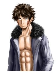 Rule 34 | 1boy, abs, artist request, black eyes, brown hair, inuzuka kiba, jacket, male focus, muscular, naruto, naruto (series), navel, open clothes, open shirt, shirt, short hair, simple background, solo, tattoo, white background