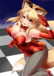 Rule 34 | 1girl, animal ears, bare shoulders, blonde hair, bow, bowtie, breasts, cleavage, covered erect nipples, detached collar, elbow gloves, fishnet pantyhose, fishnets, fox ears, fox tail, gloves, kanaregawa misato, large breasts, leotard, long hair, looking at viewer, nontraditional playboy bunny, open mouth, original, pantyhose, playboy bunny, red eyes, smile, solo, tail, wrist cuffs