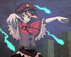Rule 34 | 1girl, beret, blue eyes, blue hair, cloud, cloudy sky, fangs, ghost, graveyard, hat, jean (jean sp), jiangshi, looking at viewer, matching hair/eyes, miyako yoshika, night, ofuda, open mouth, outstretched arms, shirt, short hair, short sleeves, skirt, sky, solo, touhou, wide sleeves, zombie pose